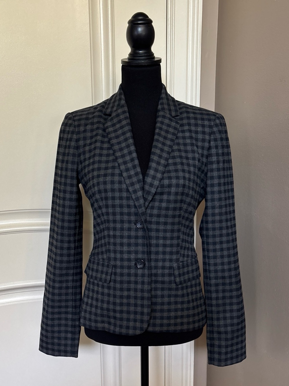 Banana Republic Womens Size 4 Black Gray Gingham Plaid Blazer Jacket Career